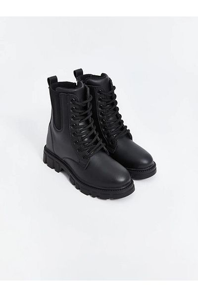 LC Waikiki LCW STEPS Μαύρες δερμάτινες μπότες για κορίτσια με κορδόνια και φερμουάρ