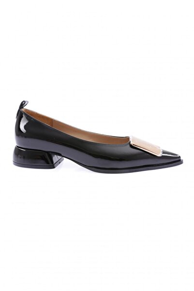DGN Black Patent Leather Ballerinas - Pointed Toe, Plain Metal Buckle, Heels ...