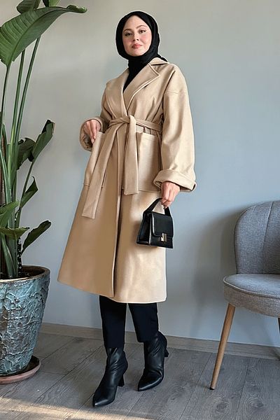 InStyle Double Breasted Wide Sleeve Beige Stamp Coat