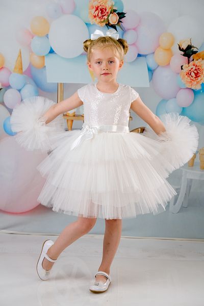 Mixie Girl's White Buckle Pompom Sleeves Evening Dress Party Birthday Dress