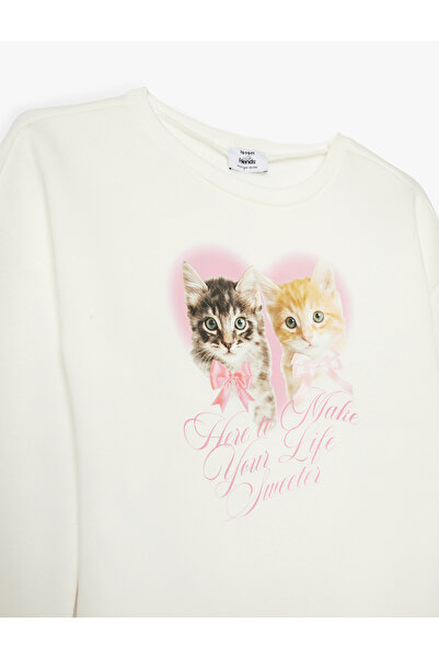 Koton Sweatshirt Kedi Baskılı Uzun Kollu Bisiklet Yaka Şardonlu