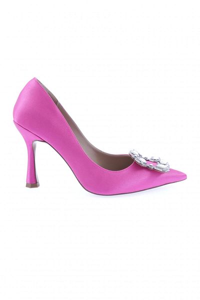 DGN Pantofi cu toc de piatră de cristal cu vârf ascuțit de damă din satin fucsia 101633236