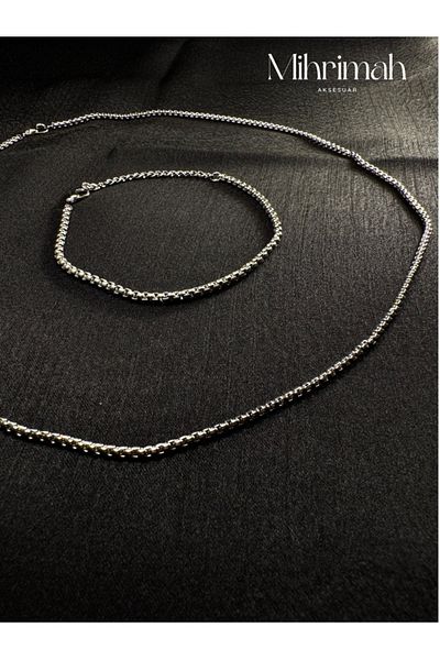 MODA Silver Color Knitted Model Interlaced Albanian Chain Men's Bracelet and Necklace Chain Set