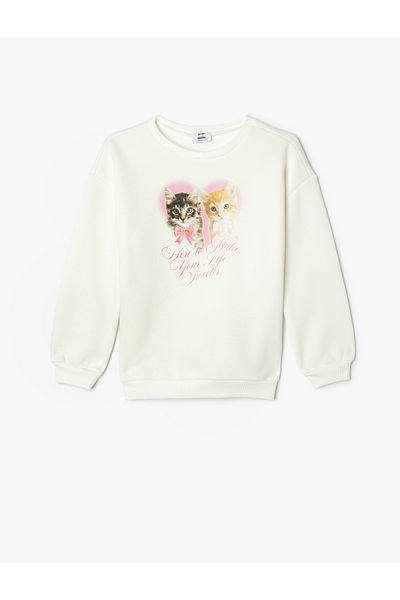 Koton Long Sleeve Cat Printed Ribbed Sweatshirt - Crew Neck