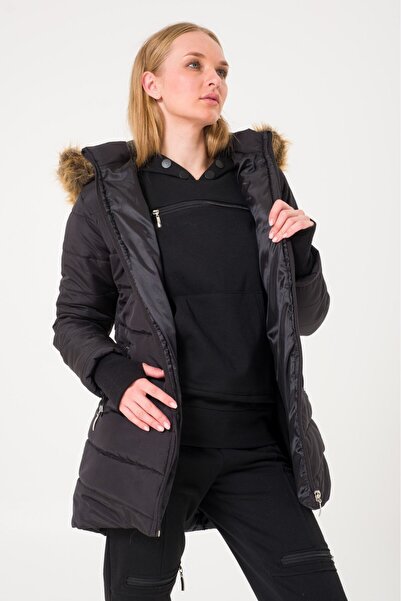 Barbora Kışlık Eldivenli Kapüşonu Kürklü Kadın Şişme Mont