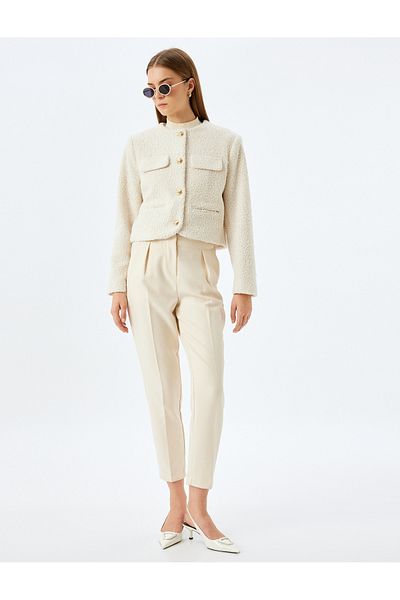 Koton Collarless Crop Tweed Blazer Jacket with Flap Pocket Detail