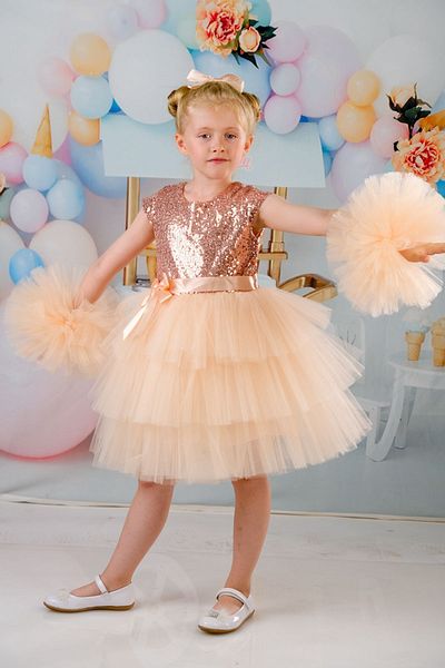 Mixie Salmon Evening Dress Party Dress with Buckle and Pompom Sleeves for Girl