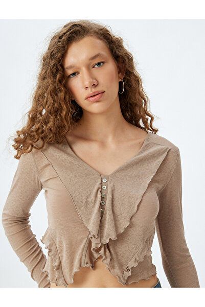 Koton Long Sleeve Buttoned V-Neck Ruffle Asymmetrical Blouse