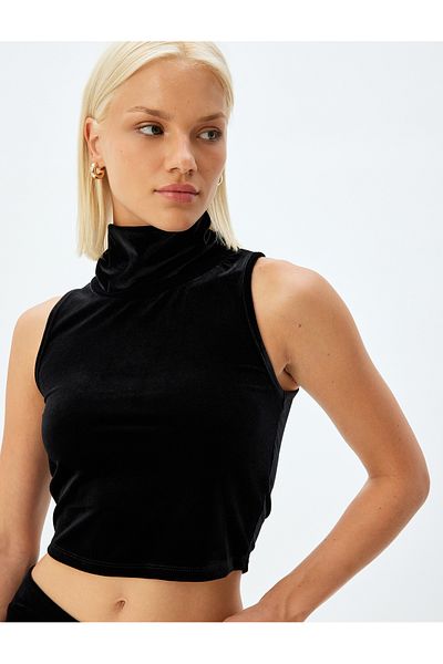 Koton Samt-Crop-Top, ärmellos, Stehkragen