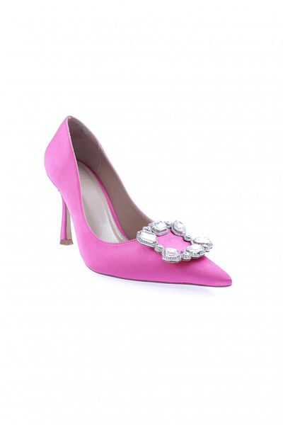 DGN Pantofi cu toc de piatră de cristal cu vârf ascuțit de damă din satin fucsia 101633236