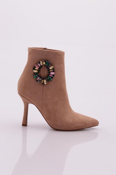 DGN Colorful Beaded Ring Buckle Women's Heeled Boots Beige 6849535