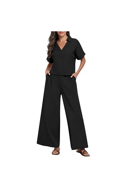 Toridas Tricou elegant de damă și pantaloni lungi Partea de jos Top Set din două piese cu decolteu în V Rochie lejeră cu mânecă scurtă