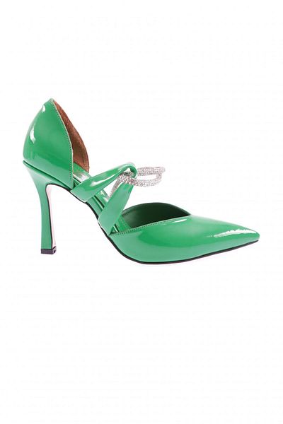 DGN Pantofi cu toc înalt pentru femei, cu vârf ascuțit, decoltat, cu strasuri, cu bandă, din piele verde 8817535