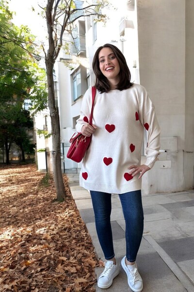 Entropy Embossed Heart Knitwear Women's Sweater - Cream (Sleeve Color)