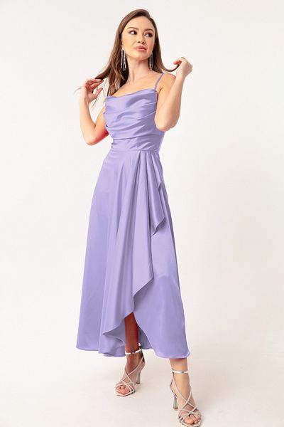 Lafaba Fliederfarbenes Volant-Schlitz-Satin-Abendkleid und Abschlusskleid in Midi-Länge für Damen