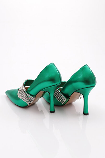 DGN Green Metallic Women's Evening Dress Heeled Shoes - Rhinestone Belt and Buckle Detail 2362112859