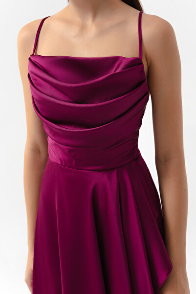 Lafaba Dámské večerní šaty s rozparkem Plum Flounce saténové midi délky a promoce