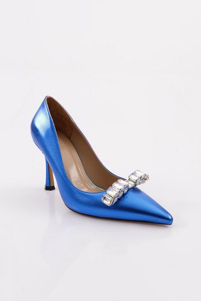 DGN Pantofi cu toc cu cataramă de piatră de cristal cu vârf ascuțit de damă, albastru metalic 101653236