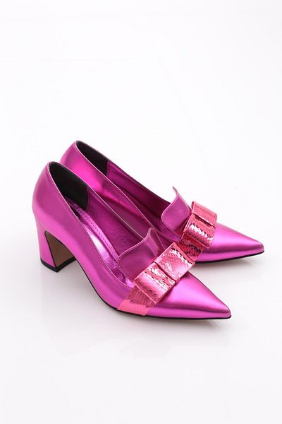 DGN Women's Ribbon Patterned Heeled Shoes Fuchsia Metallic 261035910