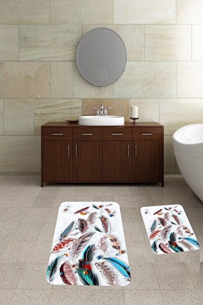 Pelangi Birdfeather Patterned Bathroom Rug Double Toilet Seat with Non-Slip Base Bath Mat Set