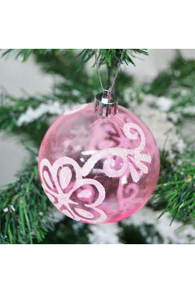 ZERO LAND - 6Pcs Patterned Transparent Cici Ball Pine Tree Ornament Pink 6 cm Svlrs
