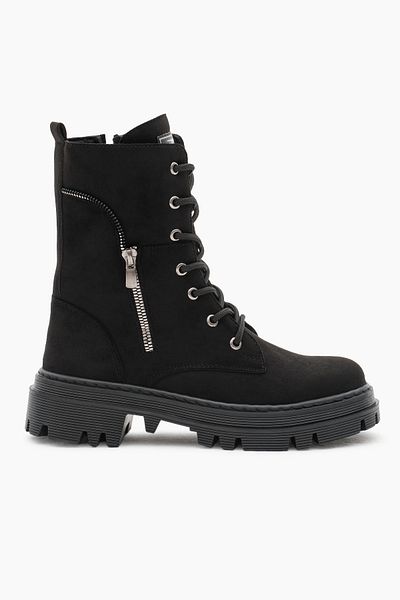 Tonny Black Γυναικείες μαύρες σουέτ Thermo Sole με φερμουάρ στο πλάι με κορδόνια και μπότες με φερμουάρ