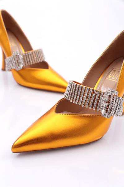 DGN Kadın Taşlı Kemer Tokalı Abiye Topuklu Ayakkabı Turuncu Metalik 2362112859