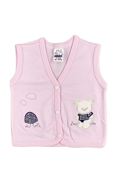 Miniel Baby Girl Mushroom Teddy Bear Embroidered Organic Cotton 3-6-9 Months 2-Piece Combed Cotton Baby Vest - Pink