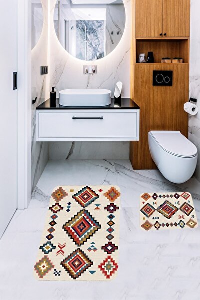 Pelangi Etnik Kilim Desenli Banyo Halısı Ikili Klozet Takımı Kaymaz Tabanlı B...