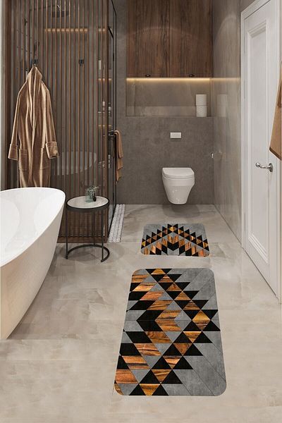 Pelangi Non-Slip Base Wooden Effect Bath Mat and Toilet Seat Set - 60X100 + 40X60