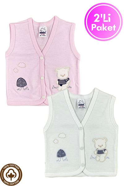 Miniel Baby Girl Mushroom Teddy Bear Embroidered Organic Cotton 3-6-9 Months 2-Piece Combed Cotton Baby Vest - Pink