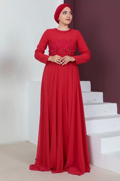 PHELDA Waist Detailed Hijab Evening Dress 660-red