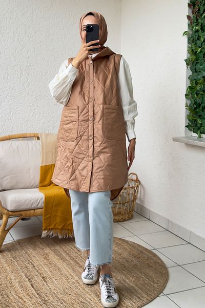 Salih Çelebi Camel Quilted Vest - 5000-1 Button Detailed