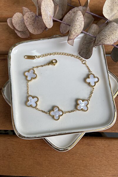 My Joyas Design Çelik Beyaz Sedefli Yonca Bileklik Gold
