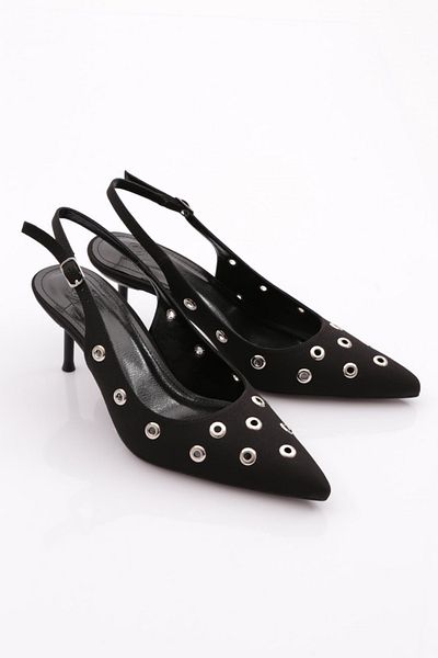 DGN Women's Open Back Pointed Toe Heeled Shoes Black Satin 28943557