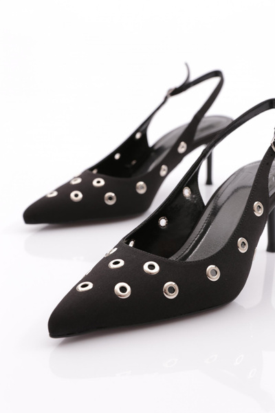 DGN Women's Open Back Pointed Toe Heeled Shoes Black Satin 28943557