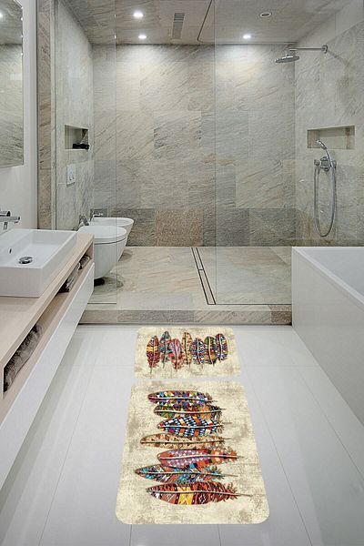 Pelangi Bohemian Bird Feather Bathroom Rug Double Toilet Seat with Non-Slip Base Bath Mat Set