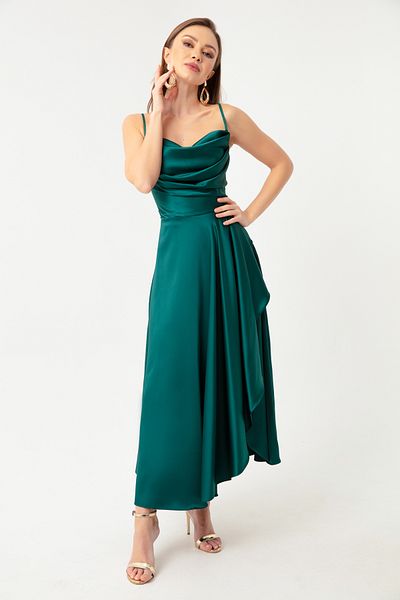Lafaba Rochie de seară cu lungime midi din satin și rochie de absolvire pentru femei, verde smarald