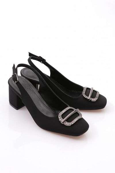 DGN Pantofi cu toc pentru femei cu spatele deschis, cu accesorii metalice, nubuc negru 217722621