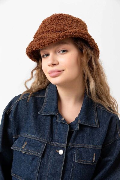 REMSA Kadın Kıvırcık Peluş Bucket Şapka RKŞ-10 Kahverengi