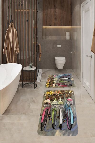 Pelangi Bicycle Patterned Bathroom Rug Double Toilet Seat with Non-Slip Base Bath Mat Set