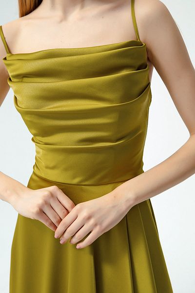 OFZE Women's Oil Green Flounce Slit Satin Midi Length Evening & Graduation Dress