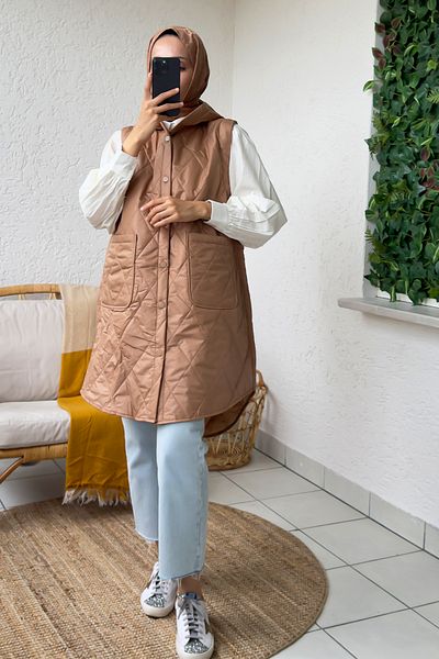 Salih Çelebi Camel Quilted Vest - 5000-1 Button Detailed