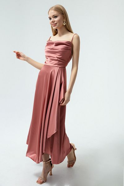 Lafaba Lachsfarbenes Volant-Schlitz-Satin-Midi-Abendkleid und Abschlusskleid für Damen