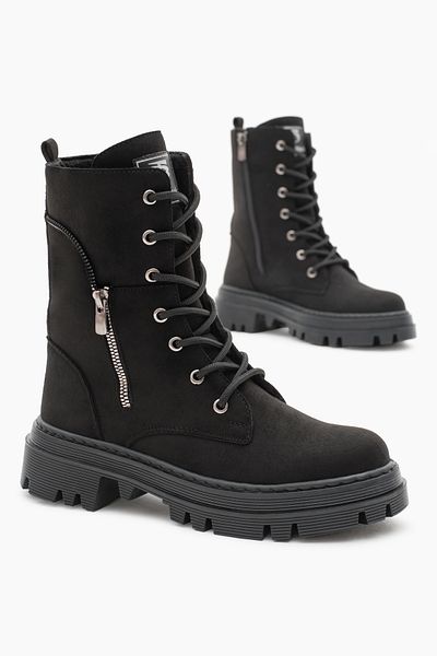 Tonny Black Γυναικείες μαύρες σουέτ Thermo Sole με φερμουάρ στο πλάι με κορδόνια και μπότες με φερμουάρ