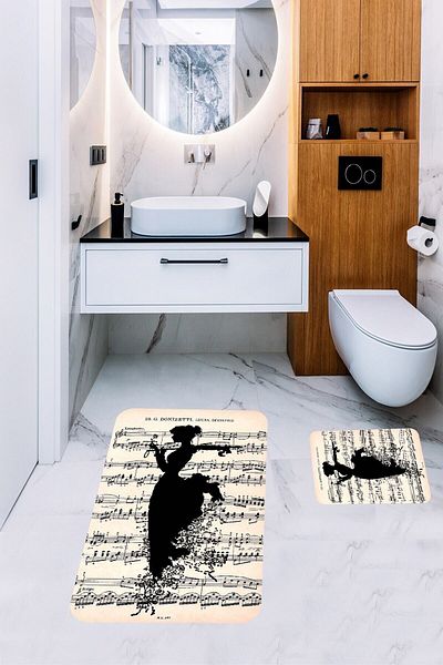 Pelangi Musical Note Bathroom Rug Double Toilet Seat Set Non-Slip Base Bath Mat Set