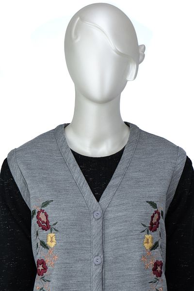 Oppland Women's V-Neck Rose Garden Embroidered Double Pocket Buttoned Full Fit Lycra Steel Knitted Mother Vest