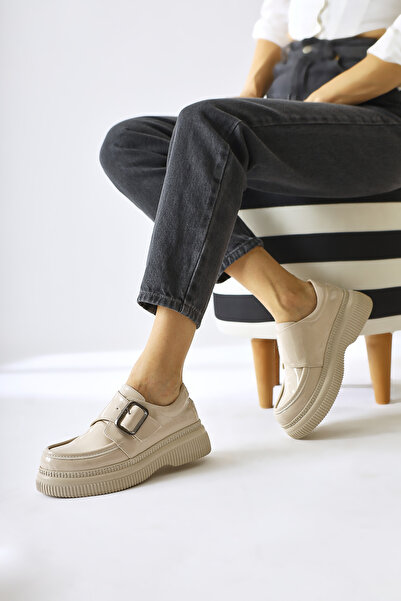 Limoya Evrim Skin Color, Beige Patent Leather Buckle Detailed Women's Casual Shoes Opportunity Product