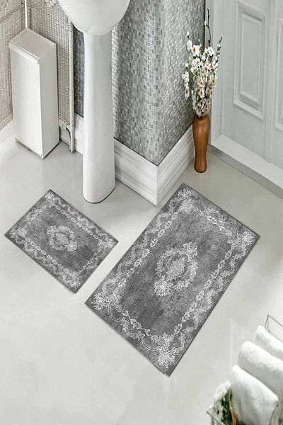 Pelangi Double Gray Embroidered Toilet and Bathroom Rug Set - Non-Slip Base (60 cm X 100 cm + 40 cm X 60 cm)