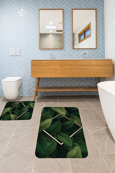 Pelangi Green Leaf Bathroom Rug Double Toilet Seat Set Non-Slip Base Bath Mat Set